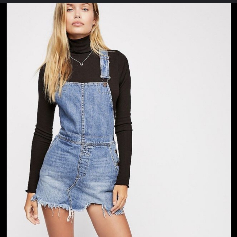 Free People Light Blue Denim Overall Dress with Frayed Hem